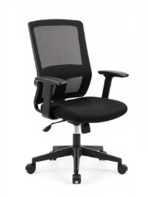 U2: silla de oficina en negro, con respaldo de malla y asiento tapizado